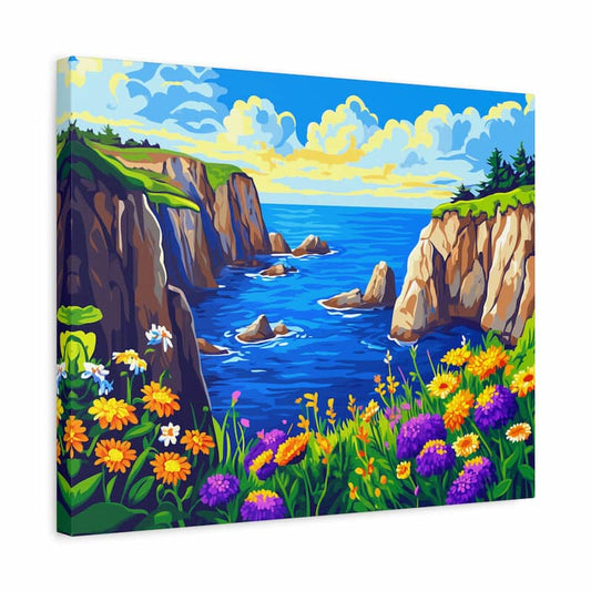 Canvas print of a coastal scene with cliffs, flowers, and a blue sky.