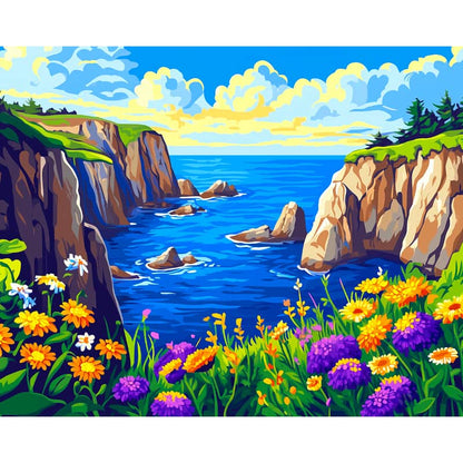 Colorful painting of a coastal scene with flowers and cliffs.