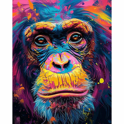 Colorful abstract painting of a monkey's face with vibrant hues on a white background