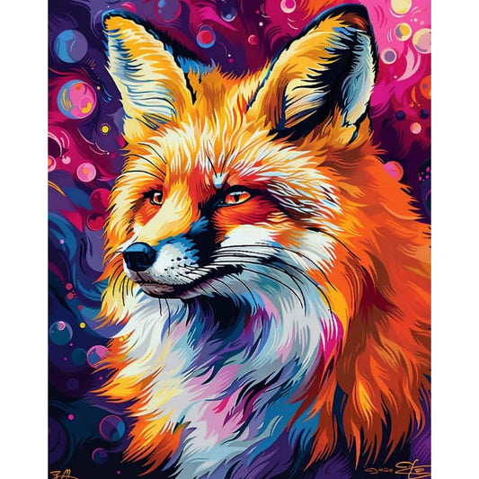 Colorful painting of a fox on a vibrant abstract background