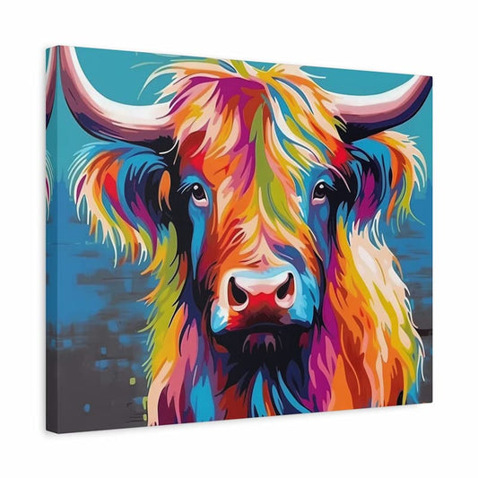 Colorful abstract painting of a highland cow on a blue background