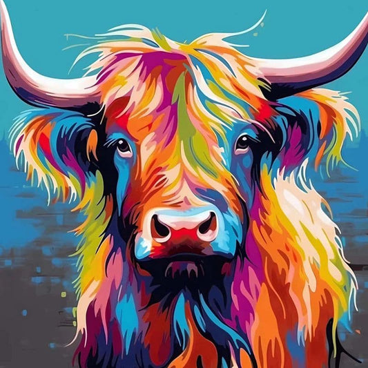 Colorful depiction of a highland cow on a blue and gray gradient background