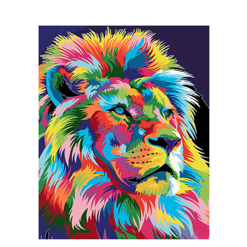 Colorful lion painting on a dark background