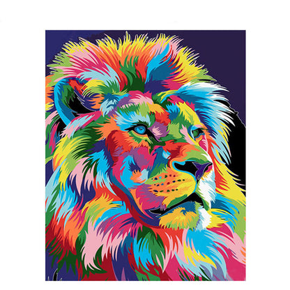 Colorful lion painting on a dark background