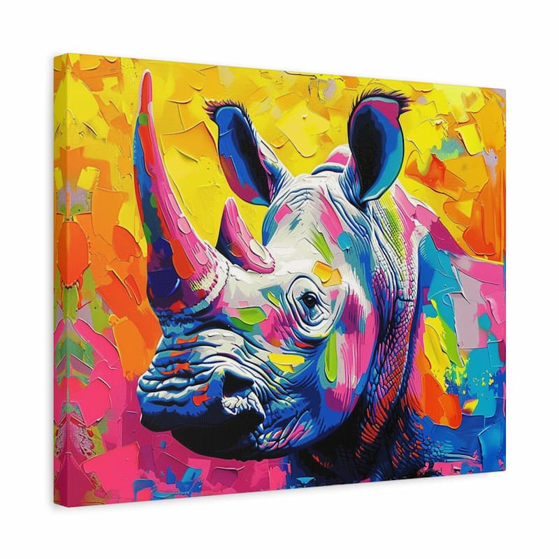 Colorful abstract painting of a rhinoceros on a yellow background