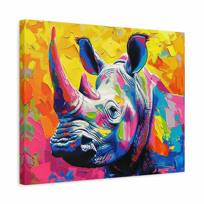 Colorful abstract painting of a rhinoceros on a yellow background