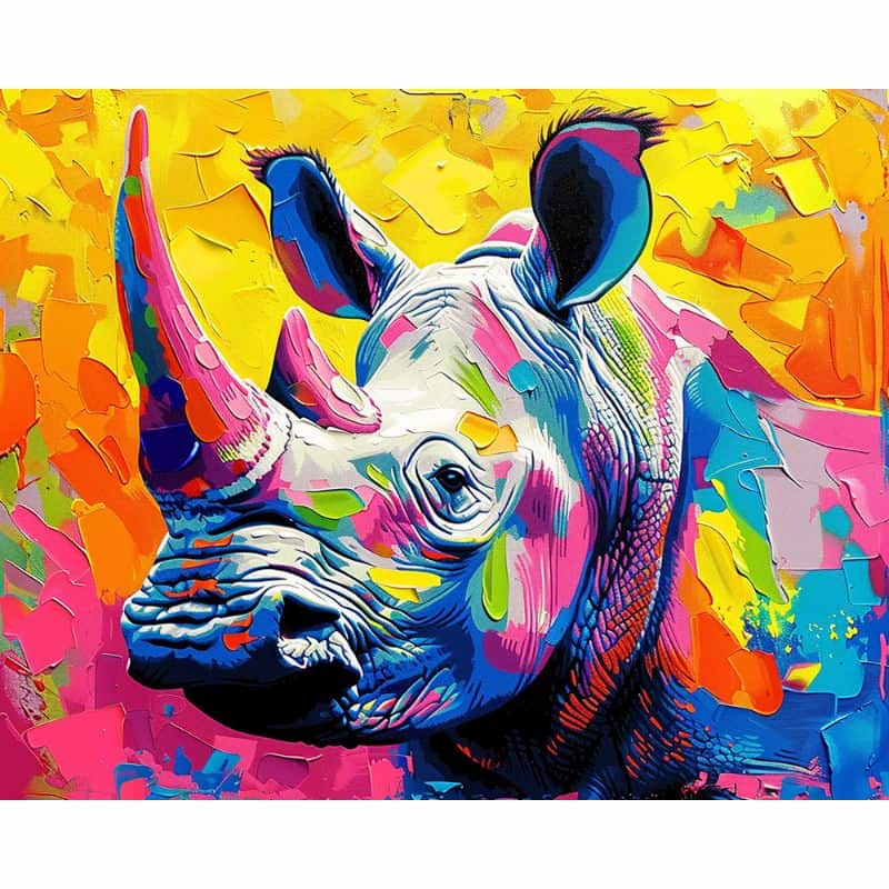 Colorful rhinoceros painting on a vibrant abstract background