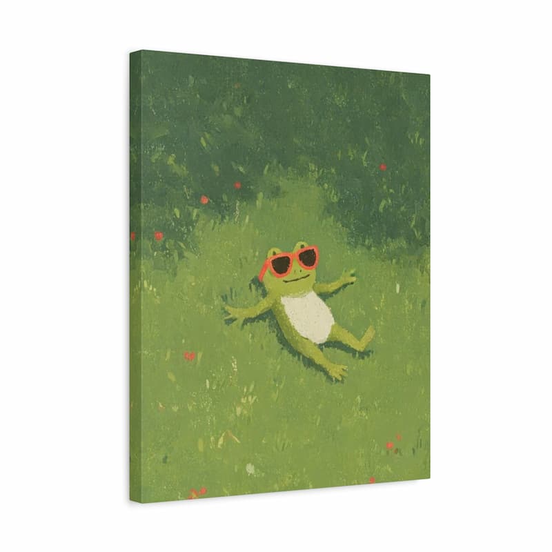 Cute frog wearing sunglasses relaxing in a grassy field canvas art print with soft green nature background