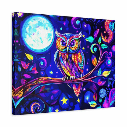 Colorful owl painting with moon and stars on a dark background