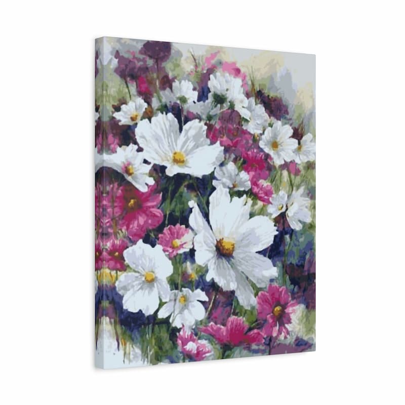 Canvas print of a colorful floral painting with white, pink, and purple flowers.