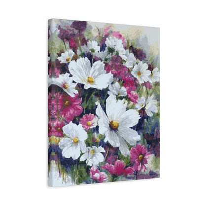Canvas print of a colorful floral painting with white, pink, and purple flowers.