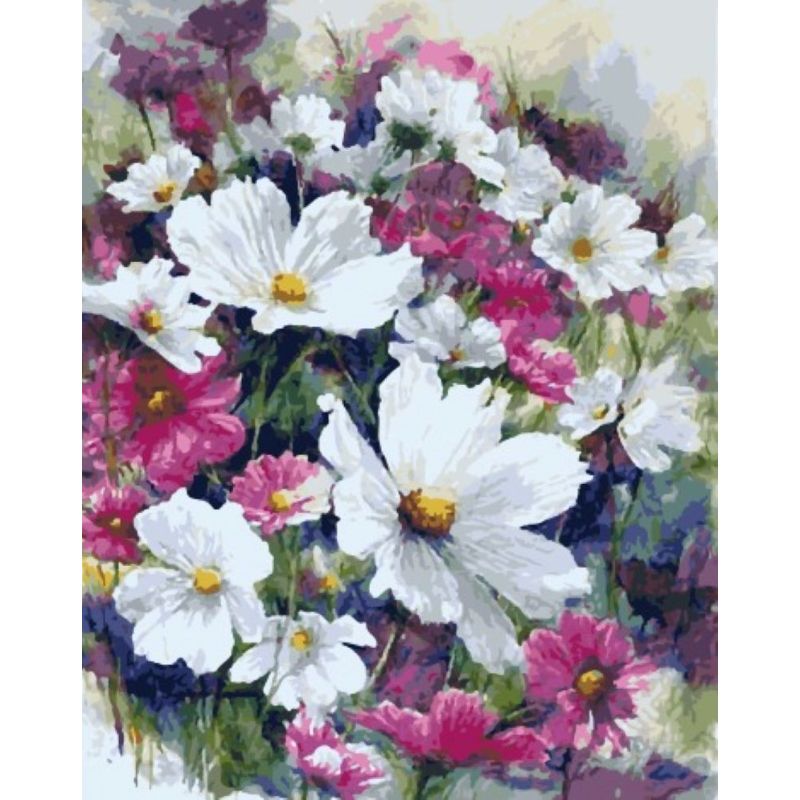 Colorful painting of flowers with white, pink, and purple hues.
