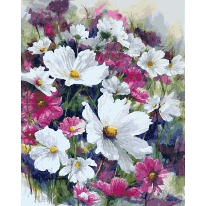 Colorful painting of flowers with white, pink, and purple hues.