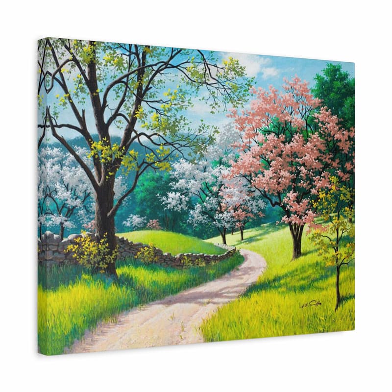 Canvas print of a scenic landscape with trees, a path, and greenery.