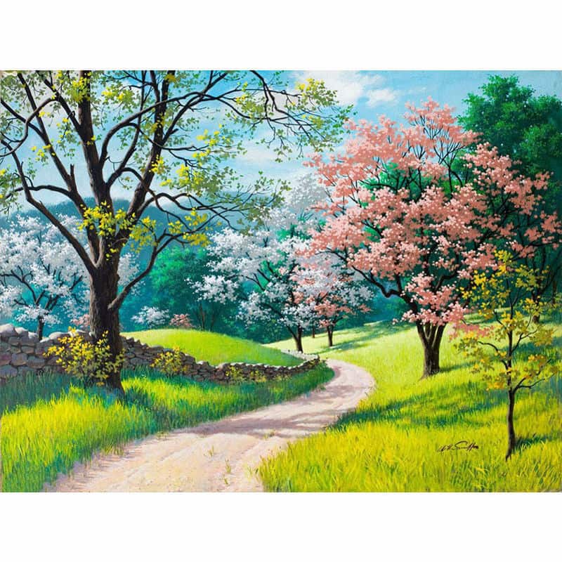 Painting of a scenic landscape with a winding path, trees, and flowers.