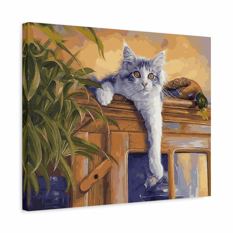 Canvas print of a cat and duck on a wooden surface with plants.