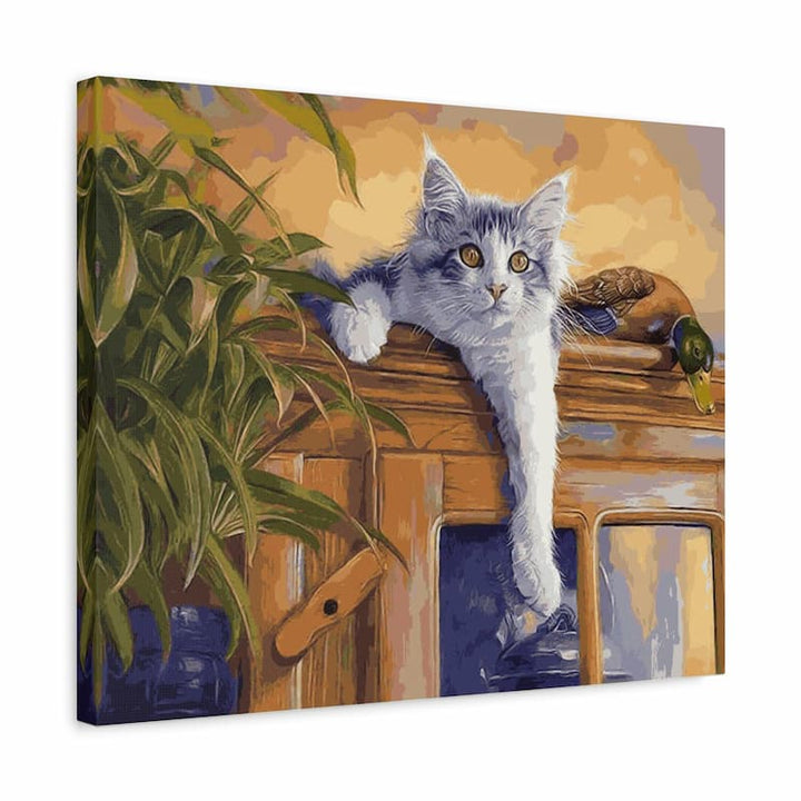 Collection de peinture par numéros de chats montrant plusieurs toiles terminées de chats dans différents styles sur toile de lin