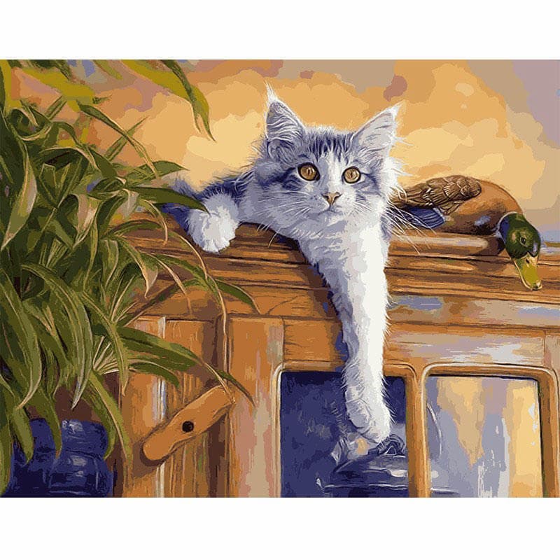 Painting of a cat on a wooden surface with a duck and plants.