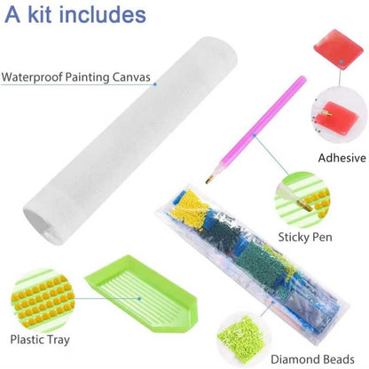 Kit contents including waterproof painting canvas, adhesive, sticky pen, plastic tray, and diamond beads on a white background.