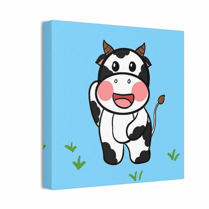 Canvas print with a cartoon cow on a blue background