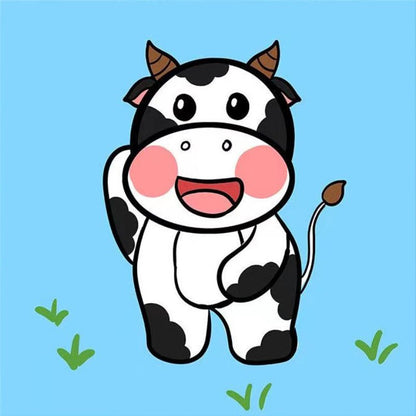 Cartoon cow with a happy expression on a blue background
