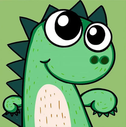 Cartoon dinosaur with large eyes on a green background