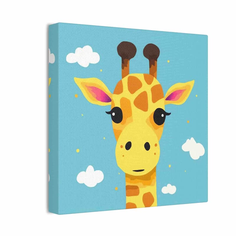 Canvas print with a cartoon giraffe on a blue background with clouds