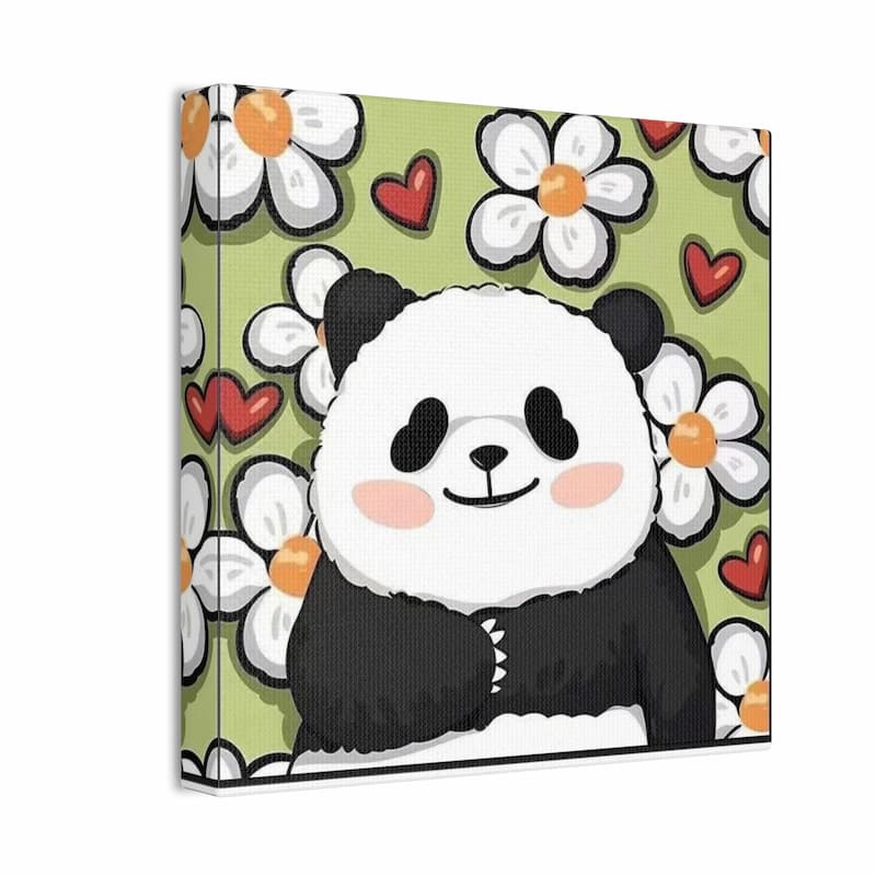 Panda design on a green background with flowers and hearts
