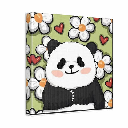 Panda design on a green background with flowers and hearts