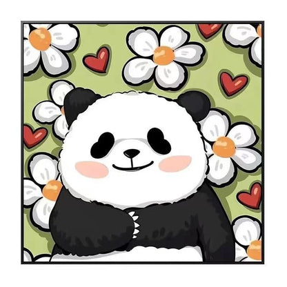 Cartoon panda surrounded by flowers and hearts on a green background