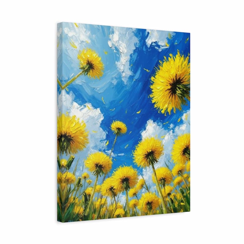 Canvas print of yellow dandelions against a blue sky with white clouds.