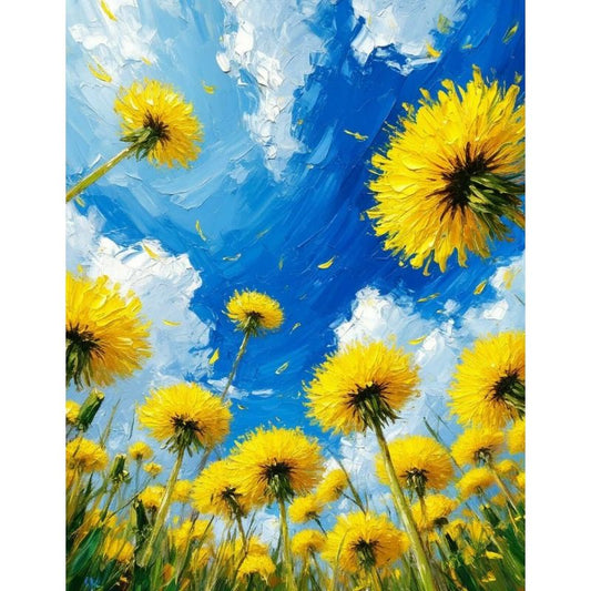 Painting of yellow dandelions against a blue sky with white clouds