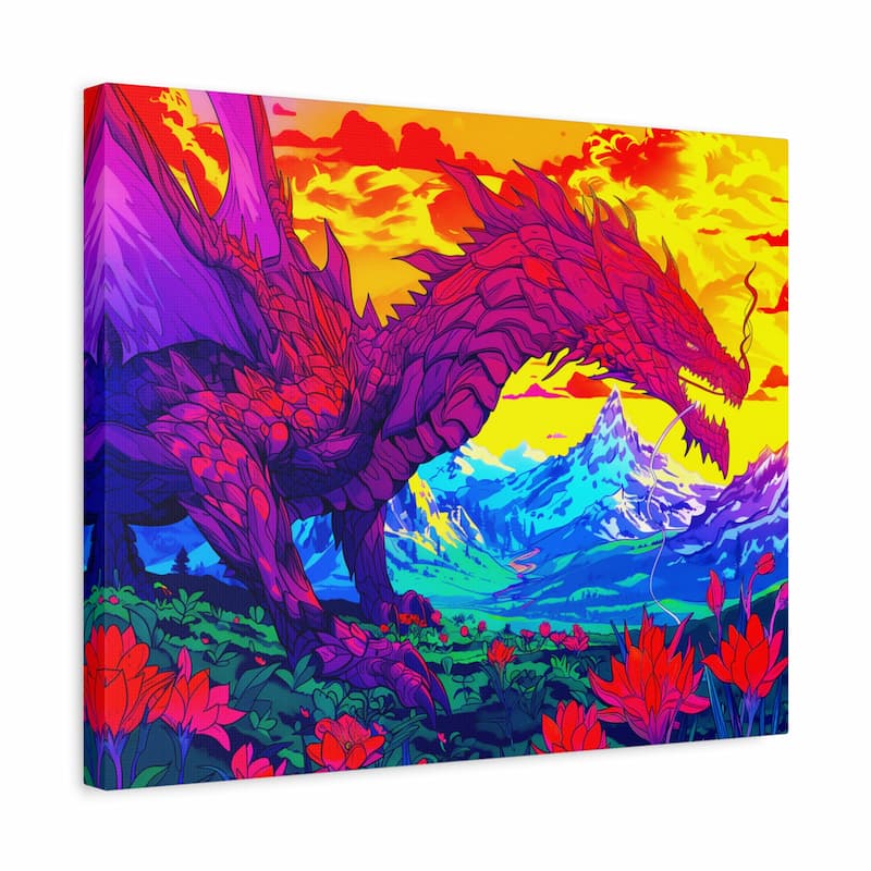 Colorful dragon painting with a mountain and floral landscape