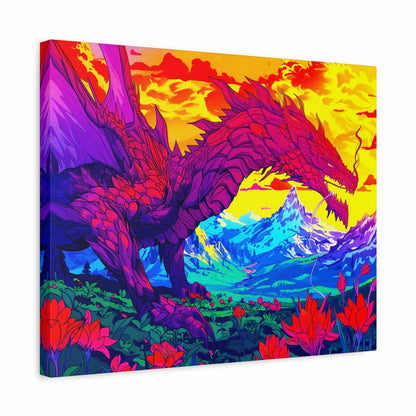 Colorful dragon painting with a mountain and floral landscape