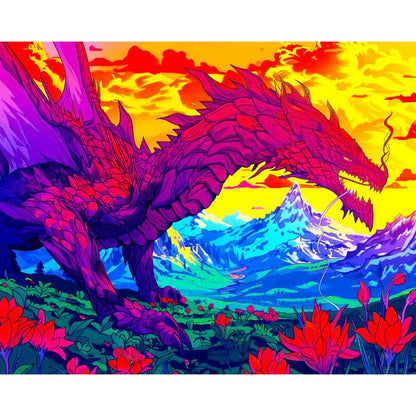Colorful dragon illustration with a vibrant landscape