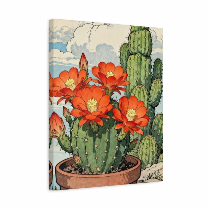 A vertical canvas wall art print featuring a vintage-style illustration of a green cactus with bright orange flowers blooming from a terracotta pot, set against a light blue sky with clouds.