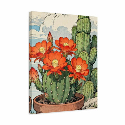 A vertical canvas wall art print featuring a vintage-style illustration of a green cactus with bright orange flowers blooming from a terracotta pot, set against a light blue sky with clouds.