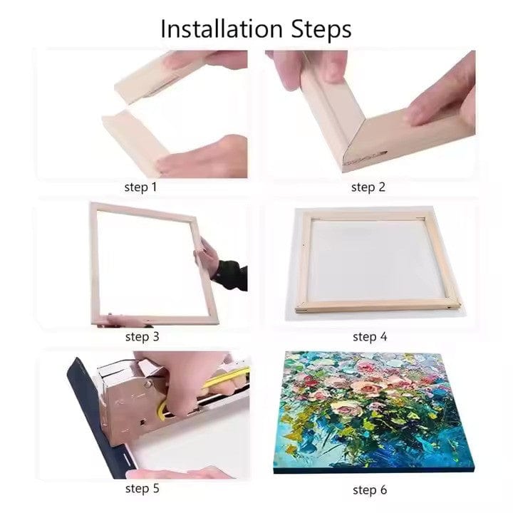 Step-by-step guide on how to install a frame on a canvas with a floral painting.