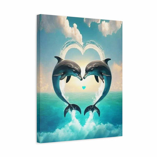 A square canvas wall art print showing two dolphins facing each other in turquoise ocean water, with their backs forming a heart shape through white spray. Clouds fill the sky above, and a small light blue heart floats in the center.