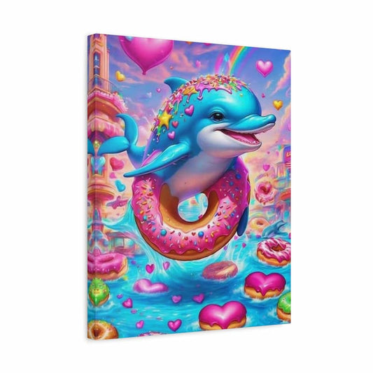 A colorful fantasy wall art print featuring a blue dolphin swimming in water while wearing a pink donut with sprinkles, surrounded by hearts, balloons, and donuts, shown as a canvas-style print on a white background.