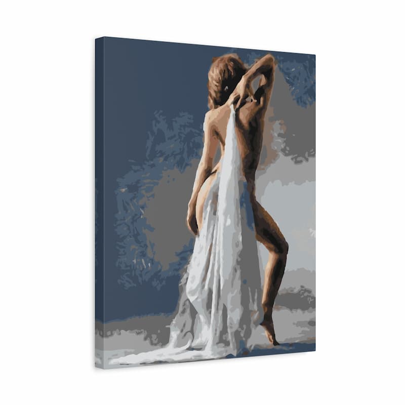 Canvas print of a woman draped in white fabric against an abstract background