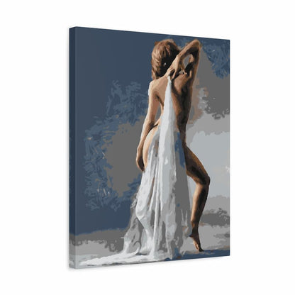 Canvas print of a woman draped in white fabric against an abstract background