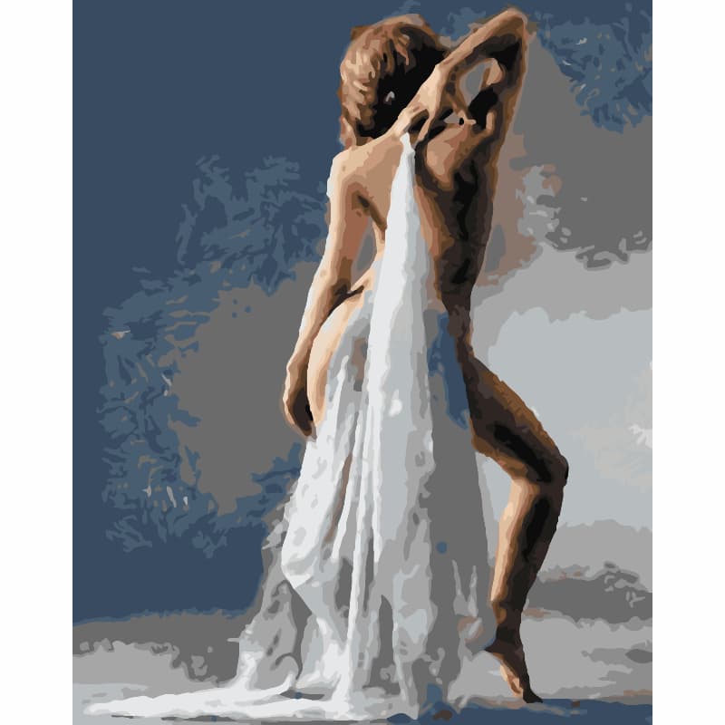 Artistic depiction of a woman figure draped in white fabric against a textured background