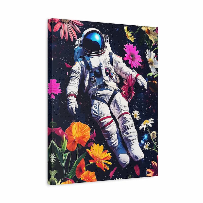 Canvas print with an astronaut and colorful flowers on a dark background
