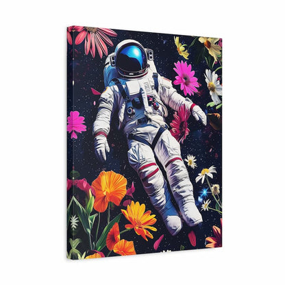 Canvas print with an astronaut and colorful flowers on a dark background