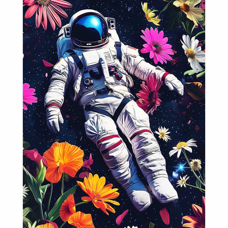 Illustration of an astronaut surrounded by colorful flowers against a starry space background