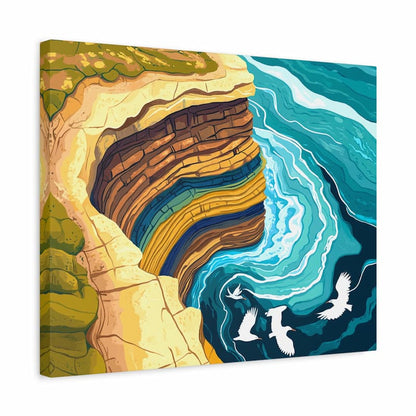 Canvas print of a stylized landscape with layered cliffs and flowing water, featuring birds.