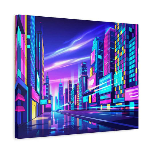Neon cityscape with tall buildings and vibrant colors on a white background