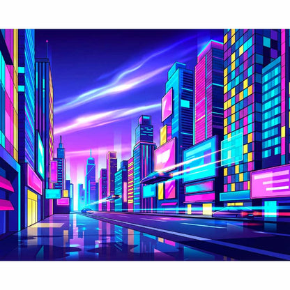 Neon cityscape with tall buildings and vibrant colors