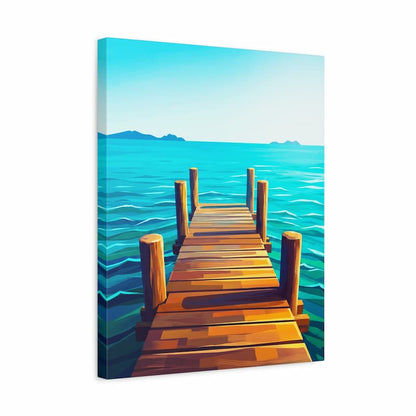 Canvas print of a wooden dock extending into blue water with mountains in the background.